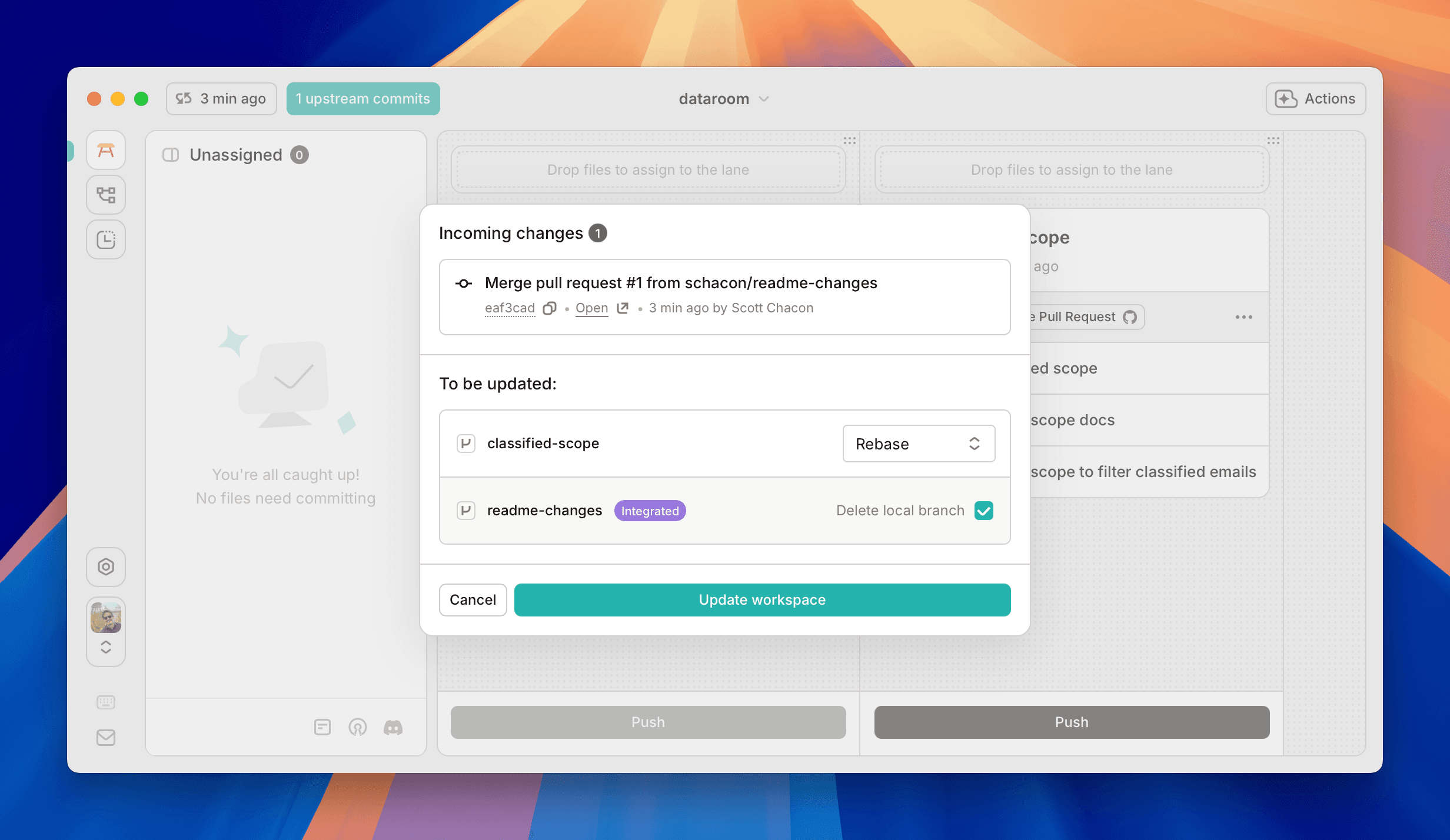 Updating from upstream will automatically remove integrated branches and rebase other branches on top of the new work.